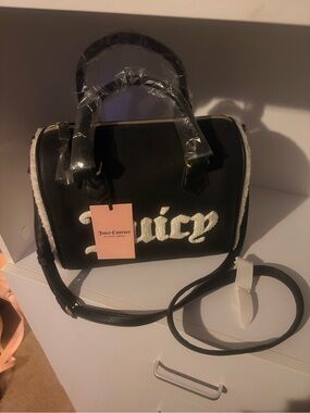 Juicy Couture Black Satchel with White Shearling 'Juicy' Logo